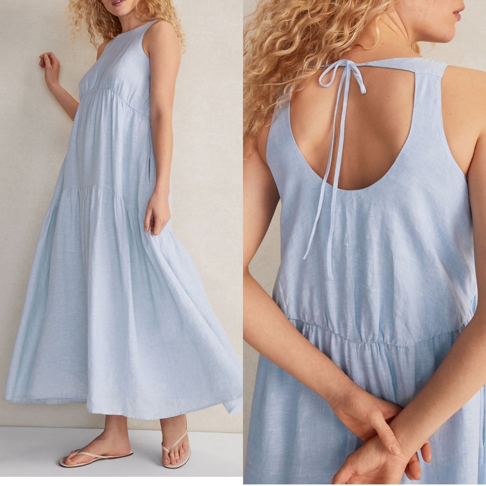 NWT Haven Well Within Blue Linen Tiered Maxi Dress Sleeveless Pockets S